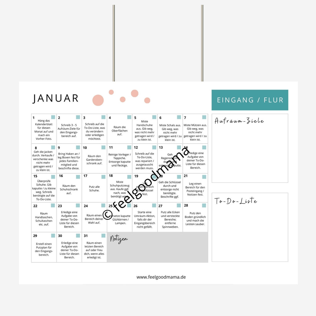 Januar Kalenderblatt vom Aufräum-Kalender mit 365 kurzen Aufgaben für den täglichen Haushalt